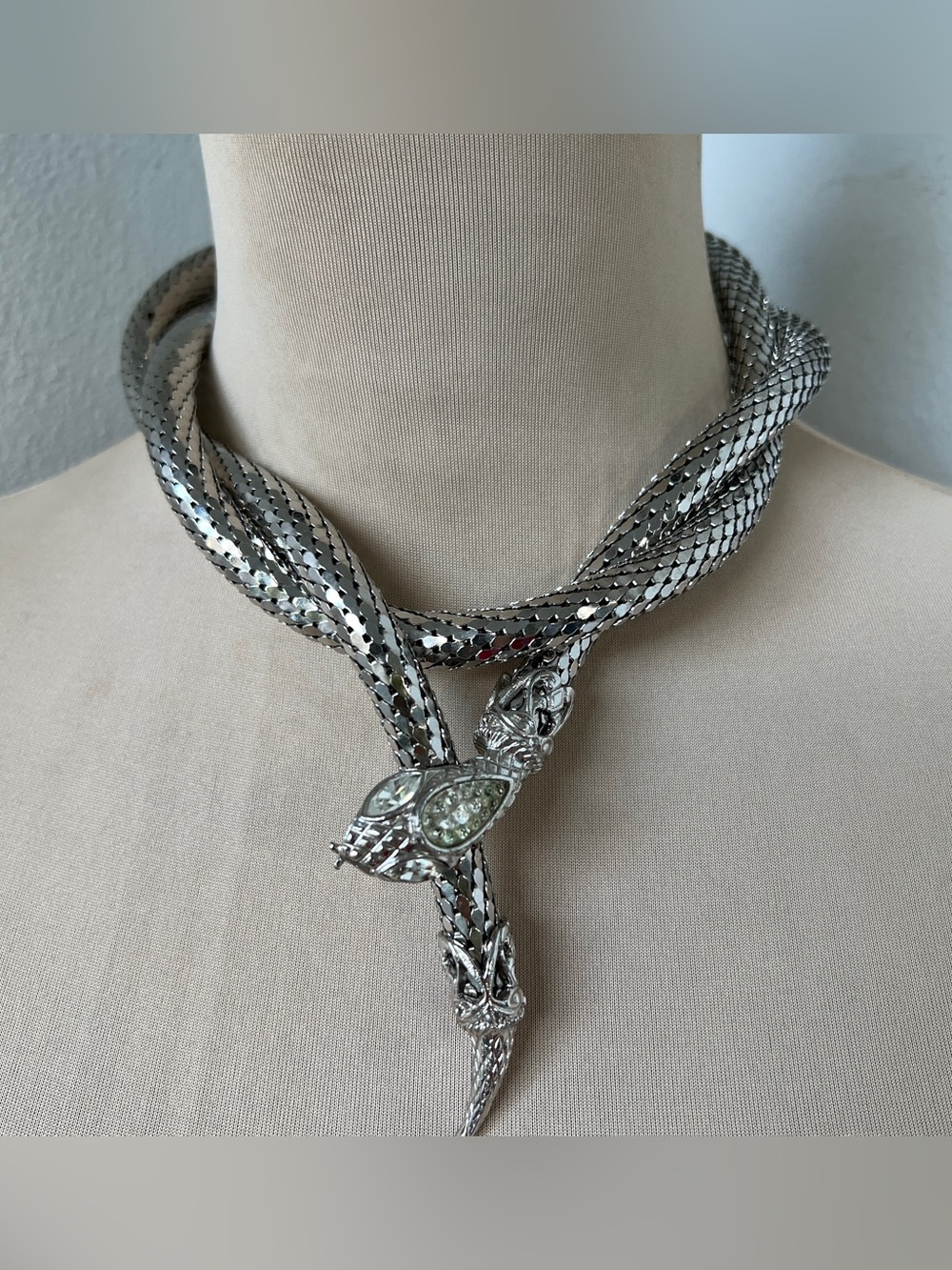 Whiting & Davis Signed Silver Mesh Snake Lariat Necklace Clear Crystal Eyes MINT